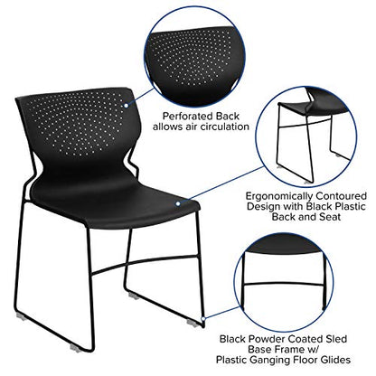 EMMA + OLIVER Home and Office Black Full Back Stack Chair with Black Frame | Powder Coated, 661 LBS. Weight Capacity - color: Black