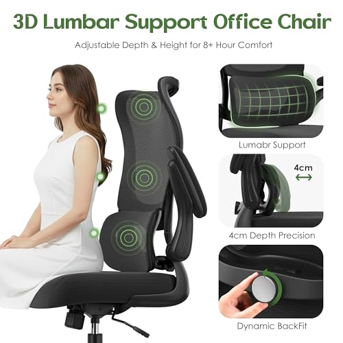 Office Chair Ergonomic Desk Chair - Comfy Mesh High Back Office Chair with Lumbar Support Wheel Home Desk Office Chairs Flip up Armrest Executive Rolling Swivel Task Computer Chair Black Silver