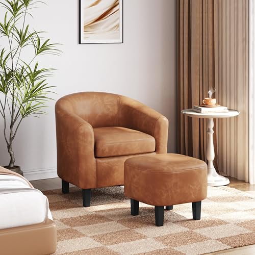 Yaheetech Accent Chairs with Ottoman, Faux Leather Barrel Chairs, Brown - color: Brown, size: Chair:25.5x 27.5 x 28''H Ottoman:18x 18.7x 15.7''H