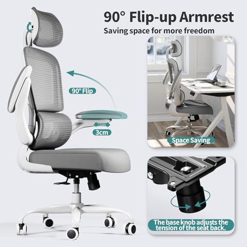 TRALT Office Chair Ergonomic Desk Chair - Gaming Chair with Lumbar Support | 330 LBS Home Office Desk Chairs with Headrest, Reading Chair with Flip-up Armrests, Comfortable Computer Chairs (1, Grey) - color: Light Grey