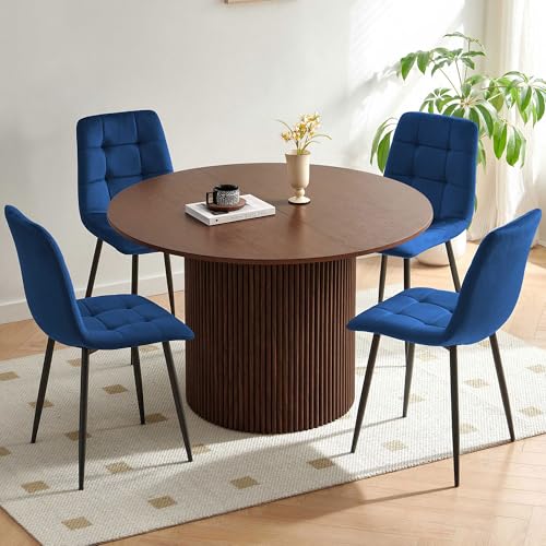 Homedot Dining Table Set for 4, 5-Piece Kitchen Table and Chairs for 4, 47'' Round Dining Room Table Set with 4 Chairs, Rustic Breakfast Table with Wood Base for Kitchen, Living Room, Navy Blue - color: Navy Blue, size: 1* Walnut Color Table+4*Chair