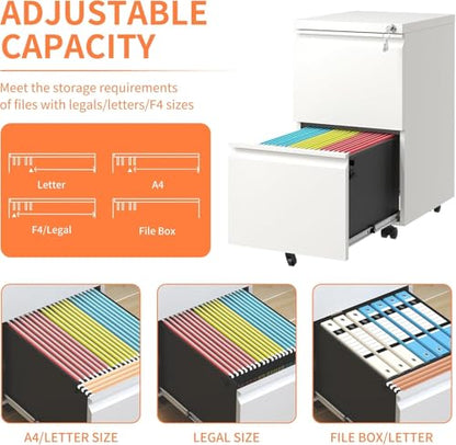 Guizeeopo 2 Drawer Locking File Cabinet, Fully Assembled Heavy-Duty Metal Filing Cabinets for Home Office, Quiet Slides, Anti-Tipping Wheels, Fits A4/Letter/Legal, Matte White - color: 03-b White
