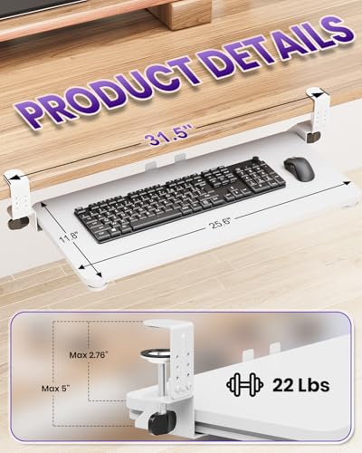 Ergonomic Keyboard Tray Under Desk, 25.6x11.8 Inch Board, White - color: White, size: Large