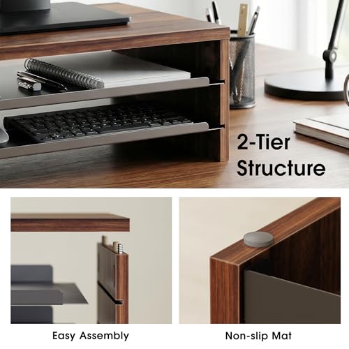 Fenge 14.3-Inch Monitor Stand with Slide-Out Trays, Wood & Metal Desk Shelf - color: Brown