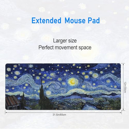 Starry Night Gaming Desk Mat,Large Van Gogh Art Mouse Pad,31.5x12 in | XL Extended Post-Impressionism Art Decor Mousepad,Stitched Edges & Micro Woven Cloth Washable Keyboard Mat,80x30cm - color: Starry Night