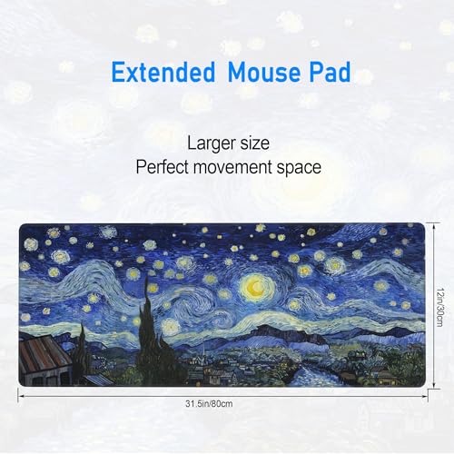 Starry Night Gaming Desk Mat,Large Van Gogh Art Mouse Pad,31.5x12 in | XL Extended Post-Impressionism Art Decor Mousepad,Stitched Edges & Micro Woven Cloth Washable Keyboard Mat,80x30cm - color: Starry Night