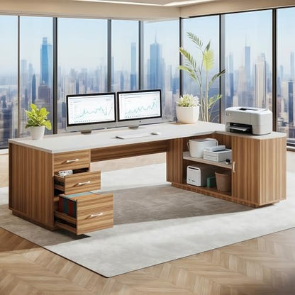 Tribesigns 86" Modern L-Shaped Executive Desk,(White & Brown) | Extra Large Office Desk with File Drawers, Business Desk Workstation with Door Cabinet, Shelves for Home Office