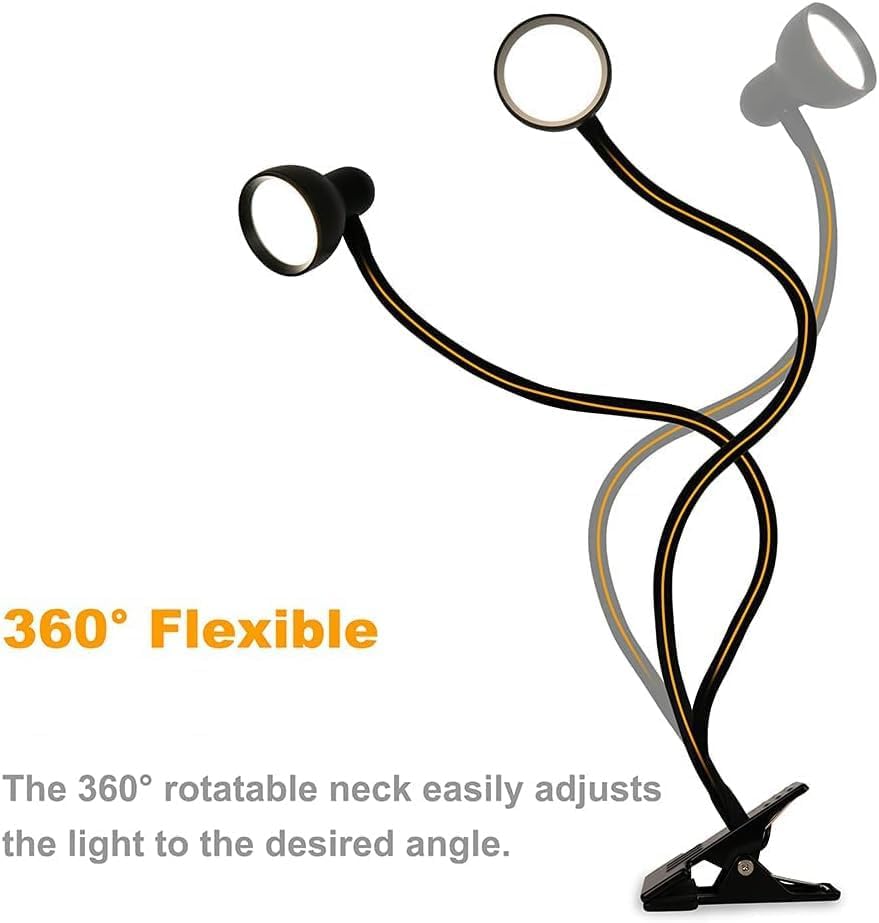 Clip on Light Reading Light for Bed 3 Color Modes Black | 10 Dimmable Brightness Eye Care Clamp Desk Lamp 360° Flexible Desk Book Light for Reading Bed Headboard Computer - color: Black