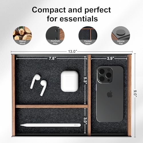 UPERGO Walnut & Aluminum Valet Tray, Desk Drawer Organizer Tray for Desk