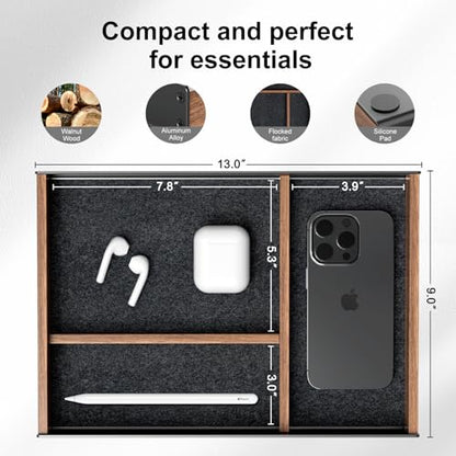 UPERGO Walnut & Aluminum Valet Tray, Desk Drawer Organizer Tray for Desk