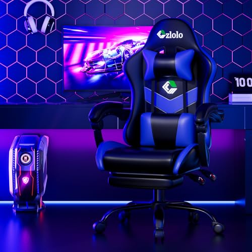 Czlolo Gaming Chair with Footrest Racing Style Lumbar Support Massager Video Game Chair with Metal Legs, High Back Gamer Chair with Headrest, 360° Swivel Office Computer Desk Chair, Navy Blue - color: Navy Blue