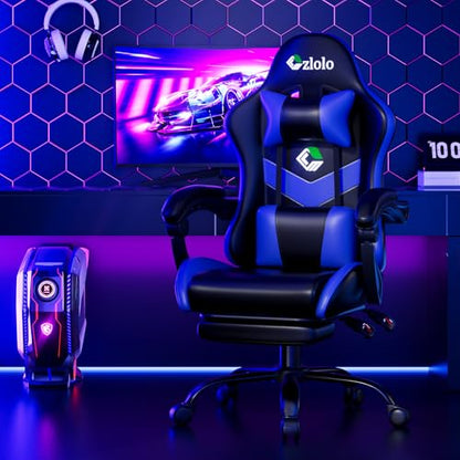 Czlolo Gaming Chair with Footrest Racing Style Lumbar Support Massager Video Game Chair with Metal Legs, High Back Gamer Chair with Headrest, 360° Swivel Office Computer Desk Chair, Navy Blue - color: Navy Blue