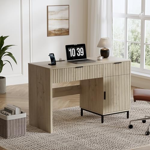 47" Home Office Desk with Fluted Drawers, Wood Exectuive Desk with Storage Cabinet, Charging Station, Metal Legs Modern Farmhouse Computer Desk for Work, Study Light Oak - color: Light Oak