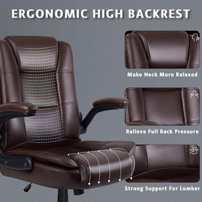 LEMBERI Flip-up Arms Office Desk Chair Big and Tall Managerial Executive Chair, High Back Computer Chair Ergonomic Adjustable Height PU Leather Chairs with Armrest for Long Time Sitting - color: New Brown