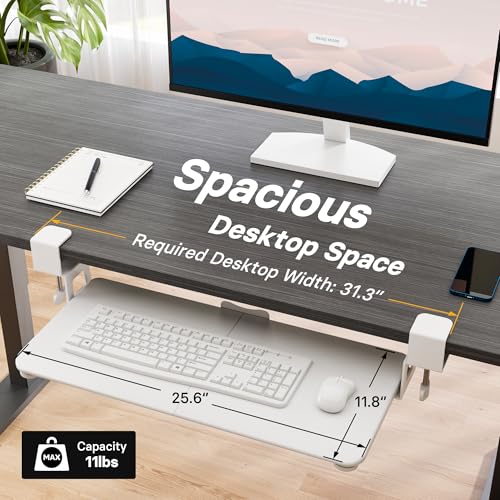BONTEC Under Desk Keyboard Tray, Pull-Out Keyboard & Mouse Platform | C-Clamp Mount, Space-Saving Ergonomic Slide-Out Drawer, 31.3 in Including Clamps, 25.6 x 11.8 in Tray, White - color: White, size: 25.6" x 11.8"