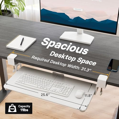 BONTEC Under Desk Keyboard Tray, Pull-Out Keyboard & Mouse Platform | C-Clamp Mount, Space-Saving Ergonomic Slide-Out Drawer, 31.3 in Including Clamps, 25.6 x 11.8 in Tray, White - color: White, size: 25.6" x 11.8"