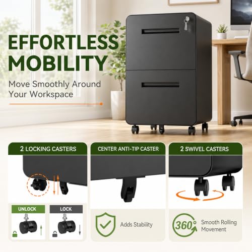 SAWJEC 2 Drawer File Cabinet with Lock, Fully Assembled Mobile Cabinet - color: 04b-black