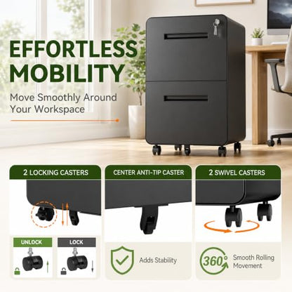 SAWJEC 2 Drawer File Cabinet with Lock, Fully Assembled Mobile Cabinet - color: 04b-black