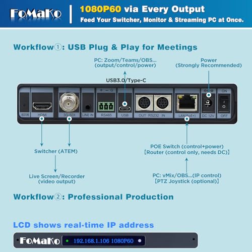 FoMaKo PTZ Camera 20X Optical Zoom, 1080P 60fps AI Auto-Tracking & Framing, USB3.0 3G-SDI HDMI PoE+, LCD IP Display for Live Streaming Church Worship, Conference Room & Education, NDI Upgradeable K20 - color: Matte Black