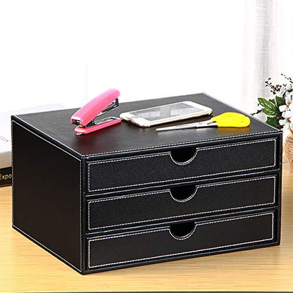 High-end PU Leather Desk Organizer File Cabinet Executive Office Supplies Desktop Filing A4 File Cabinet Stackable Storage Organizer Box with 3 Drawers (Black)… - color: black