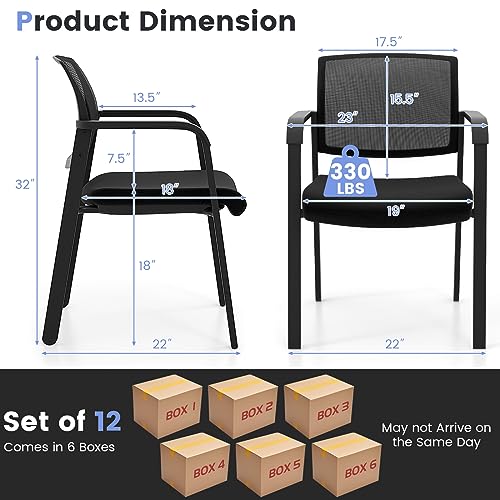 COSTWAY Stackable Office Guest Chairs Set of 12 with Armrests, No Wheels | Conference Room Chairs with Mesh Backrest and Upholstered Seat, Ergonomic Waiting Room Chairs for Office Home Reception Area - size: 12 Pack, style: No Wheels