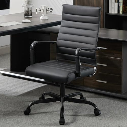 Office Desk Chair Leather, Conference Room Chairs with Wheels, Modern Executive Computer Guest Chairs with Arms. - color: Matte Black