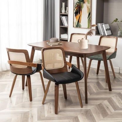 Set of 1 Rattan Dining Chair - Mid Century Modern Chair with Ergonomic Cane Back, Bentwood Frame, Faux Leather Seat, Arms, Walnut Dining Chair for Living Room/Reception/Kitchen (Walnut Black) - color: Walnut Black, size: Set of 1