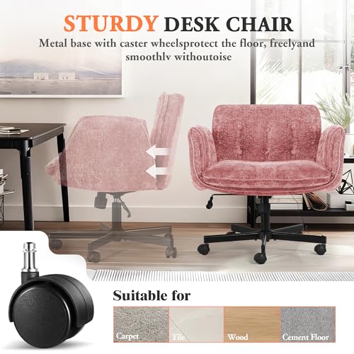 Criss Cross Chair with Wheels & Arms, Chenille Cross Legged Office Chair with 5-level Folding Armrest, Comfortable Adjustable Swivel Vanity Chair for Home, Make Up, Bed Room, Office, Accent (Pink) - color: Pink, style: Modern