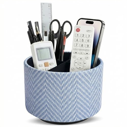 Round Leather Art Supply Organizer,Remote Control Holder,360 Degree Rotating,Multi-Functional Pencil Holder,4 Compartments Desktop Stationary Organizer(1-Herringbone Blue) - color: 1-Herringbone Blue