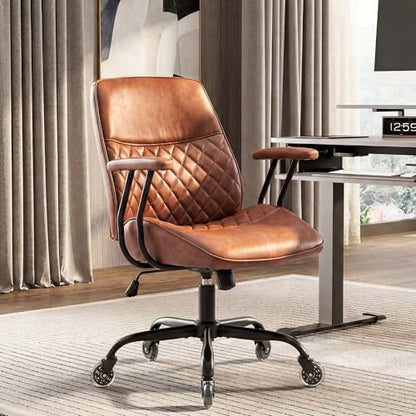 NEO CHAIR Brown Leather Office Chair with Ergonomic Design, Swivel Chair | Modern Computer Desk Chair with Genuine Leather, Lumbar Support, Removable Arms, Comfy Chair for Home Office, Smooth Rolling - color: A. Mid-back Brown