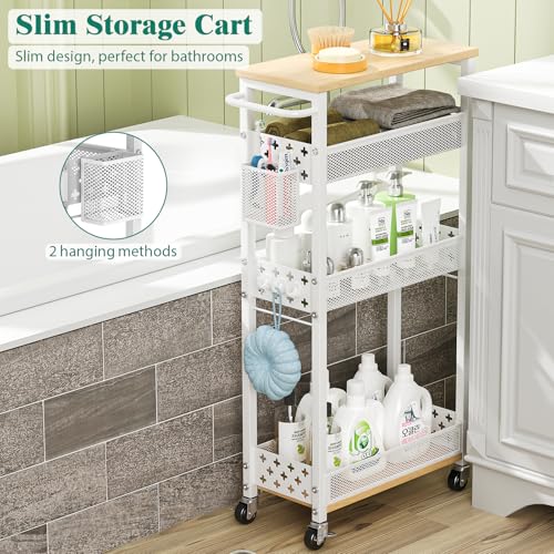 XYZLVSI Slim Rolling Storage Cart, 4 Tier Narrow Shelf for Small Spaces - color: White