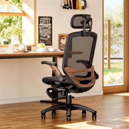 Ergonomic High-Back Office Chair with Footrest – Flip-Up Arms, 3D Headrest, 135° Recline, and Wide Mesh Seat with Lumbar Support. Rolling Swivel Task Chair for Gaming or Work, Sturdy, 300 LBS. - color: Ebony Wood Grain