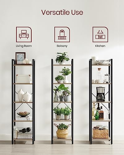 VASAGLE 5-Tier Bookshelf, Bookcase Book Shelf with Steel Frame - color: Heather Greige + Ink Black, size: 5 Tiers (11.8"D x 15.7"W x 60.2"H)