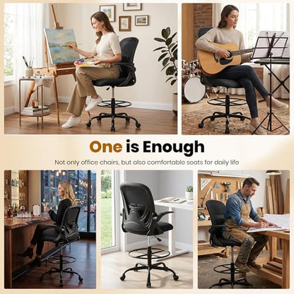 Drafting Chair Tall Office Chair with Flip-up Armrests Executive Ergonomic Computer Standing Desk Chair with Lumbar Support and Adjustable Footrest Ring (Black) - color: Black, size: 934-Z