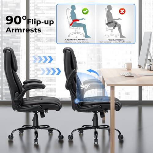 Big and Tall Office Chair 450lbs Heavy Duty Ergonomic Executive Desk Chair with Adjustable Lumbar Support High Back Home Computer Leather Chair with Padded Flip-up Arms for Heavy People Black - color: Black