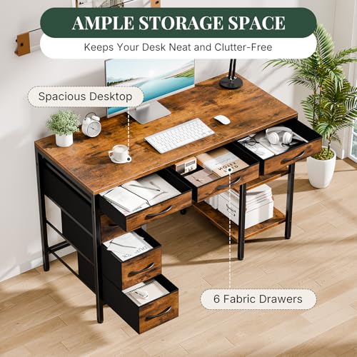 47" Computer Desk with 6 Drawers,Storage Shelves - color: Brown, size: 47-in