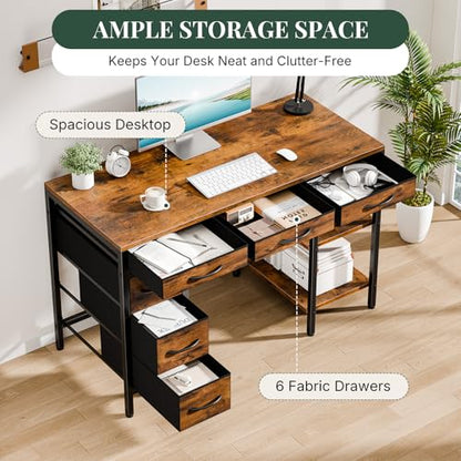 47" Computer Desk with 6 Drawers,Storage Shelves - color: Brown, size: 47-in