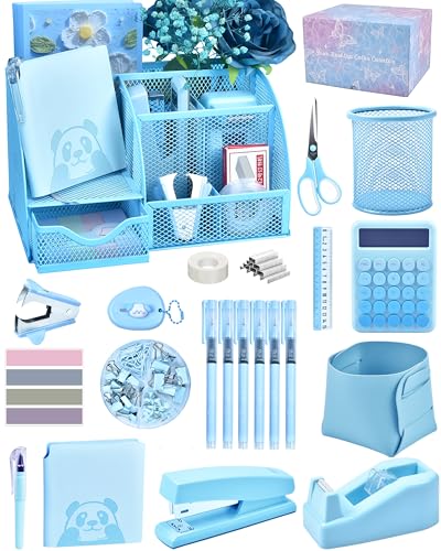 23pc Blue Desk Accessories and Organizers with Mesh Organizer Stapler Tape Dispenser Calculator and a Lot of Office Purple Office Supplies Beautifully Presented in a Gift Box - color: Blue