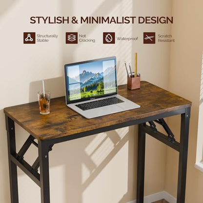VINGLI Small Computer Desk No Assembly Required, Folding Desk as Writing Table, Dining Table and Workbench, Foldable Desk for Small Space & Home Office, 31.5 Inch, Brown & Black Frame - color: Brown