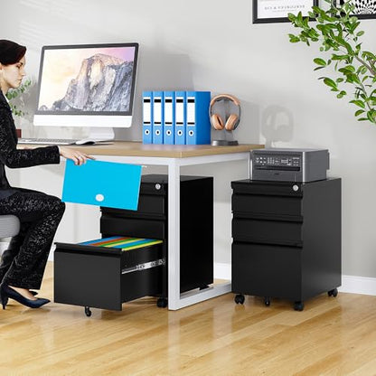 3 Drawer File Cabinet with Lock,Under Desk File Cabinet with Wheels,Black Rolling Filing Cabinets,Three Drawer Metal Filing Cabinet for Home Office,Fit A4/Letter/Legal File,- Assembly Required - color: Black, style: Assembly Required