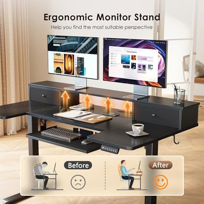 OffiGo 55 Inch U Shape Standing Desk with Keyboard Tray & Drawers, Black - color: Black With Drawers, size: 55 Inch