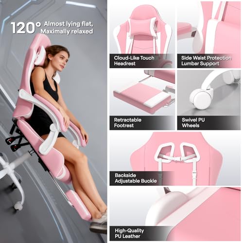Athena Collection Ergonomic Gaming Chair for Adults, Pink | Height Adjustable Office Chair Computer Desk Chair with Footrest & Headrest Lumbar Support for Office & Home, 350lbs - color: Pink & Wihte
