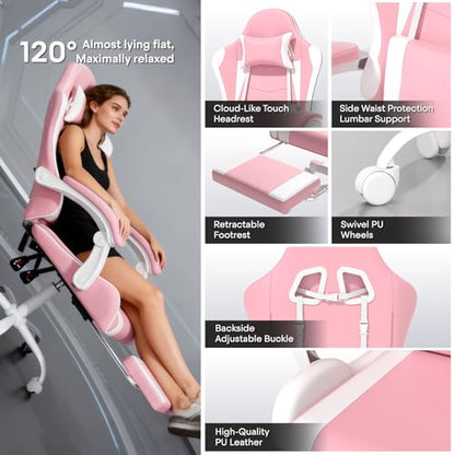 Athena Collection Ergonomic Gaming Chair for Adults, Pink | Height Adjustable Office Chair Computer Desk Chair with Footrest & Headrest Lumbar Support for Office & Home, 350lbs - color: Pink & Wihte