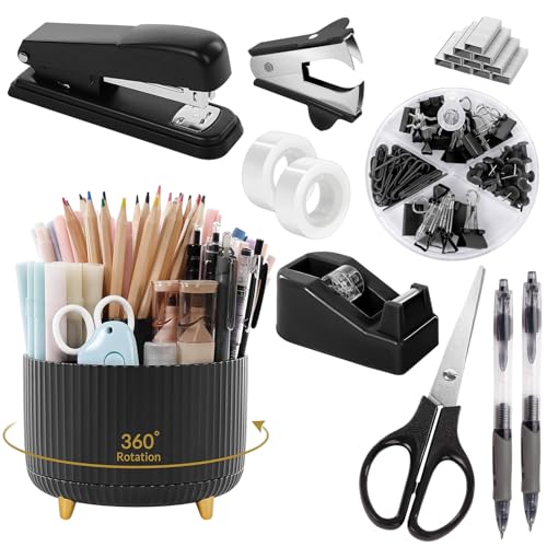 SKYDUE Black Office Supplies with Pencil Holder,Desk Accessories 11PCS | Office Desk Accessories Included Stapler with Staples, Staple Remover,Tape Dispenser, Binder Paper Clips Kit,Scissor, Pens - color: Black