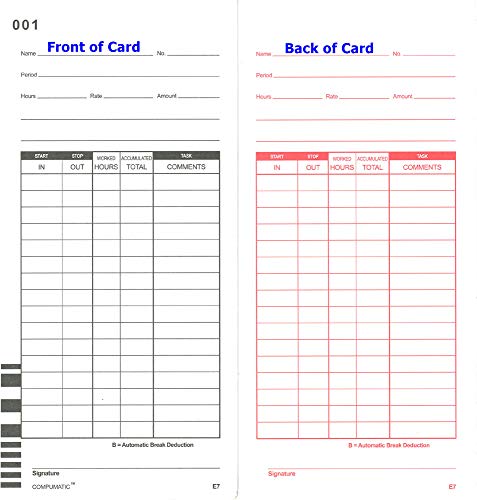 E7 Time Cards for Lathem 7000E and 7500E Calculating Time Clocks, 500 Count | 5 packs of 2-sided barcoded cards numbered 1-100. Size 3.375in W x 7.3125in L. Not for 700E.