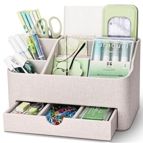 PU Leather Desk Organizer with Drawer, 5 Compartments Desktop Storage Caddy for Office & Home Supplies, Pen Holder for Remote Control, Phone & Accessories, Mail Organizer Countertop(Beige) - color: Beige