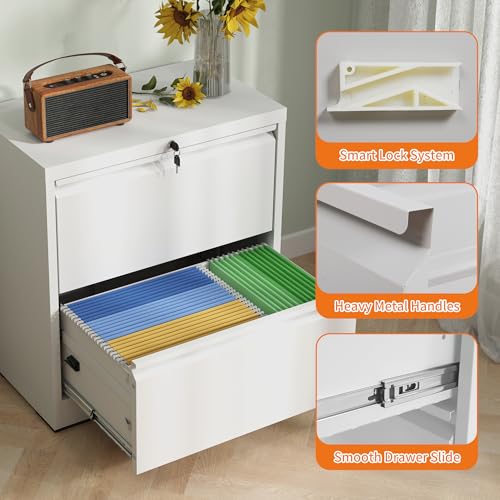 2 Drawer Lateral File Cabinet with Lock,White Metal Filing Cabinet - color: White, size: 26.8"W-2 drawers