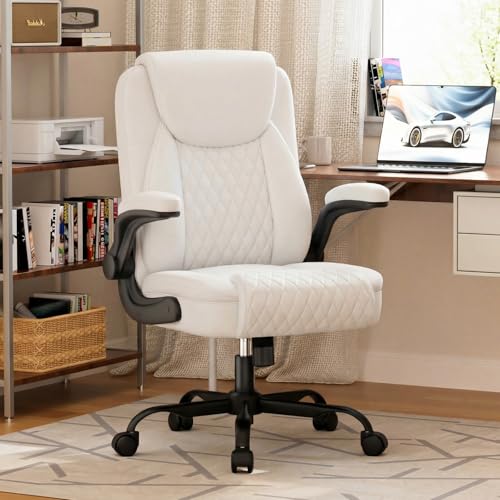 GTPLAYER PU Leather Office Chair, Home Desk Chair with Flip-up Arms, White | Ergonomic Back, Memory Foam Cushion, Comfy Executive Chair for Home Office Gaming, Flexible Rocking, Heavy Duty Chairs - color: White