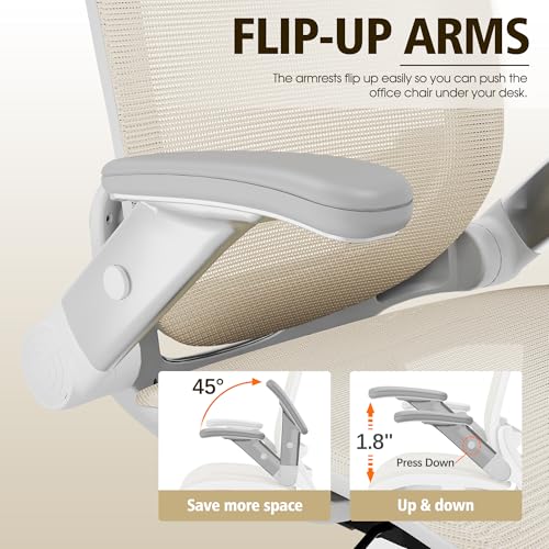 GABRYLLY Ergonomic Office Chair, High Back Home Desk Chair with Headrest, Flip-Up Arms, 90-120° Tilt Lock and Wide Cushion, 300LBS Mesh Chairs for Man Woman, White Task Chair(Beige,GY01WBG) - color: White Frame Beige Mesh