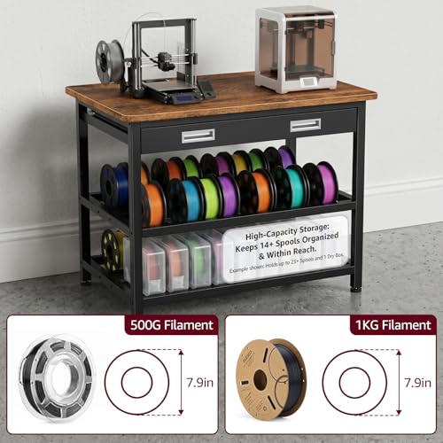Heavy Duty 3D Printer Stand with Storage, 3D Printer Table with Metal Drawer,Sturdy 3-Tier Metal 3 D Printing Desk for 3 D Printers,Brown - color: Brown